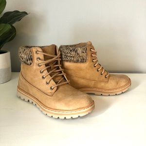 Tan, lace-up boots with sweater material